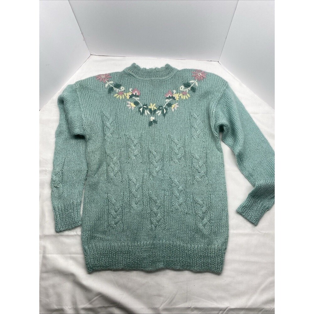 Vintage 90s Mohair Pastel Blue Cottagecore Floral Sweater Cable Knit Boho Medium